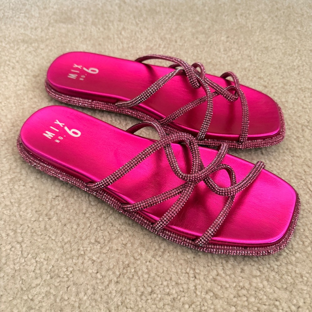 Mix No. 6 Womens 9M Metallic Fuchsia Rhinestone Strappy Square Toe Slide Sandals